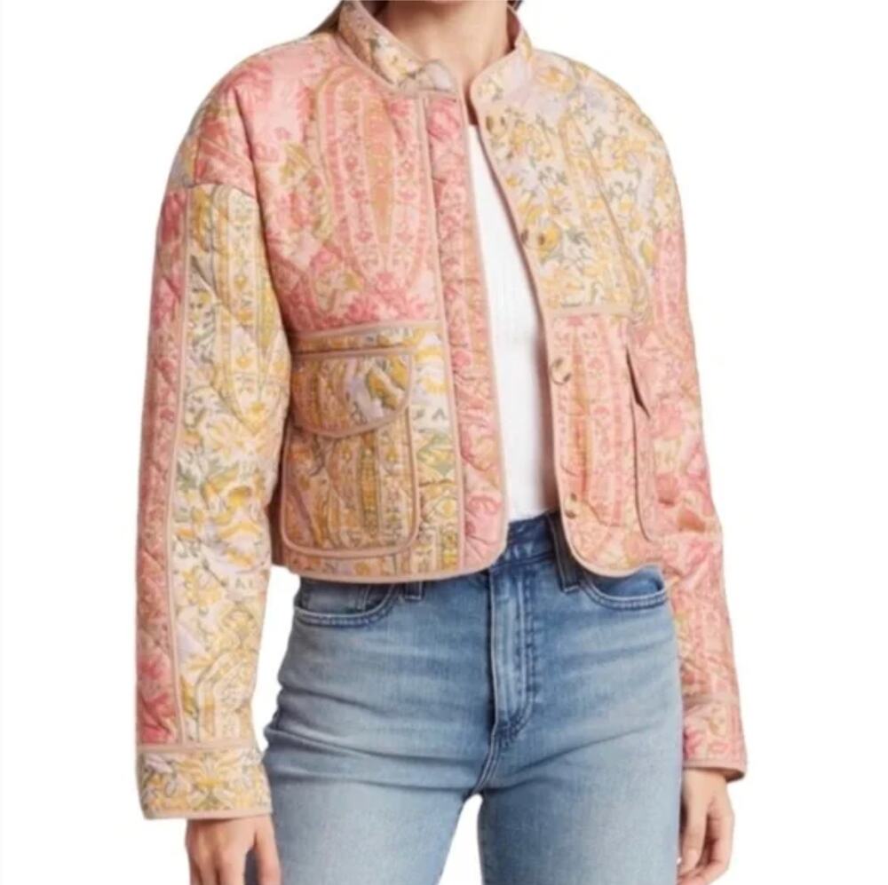 7 For All Mankind NWT Quilted Patchwork Crop Jacket Women Large Pastel Cottage